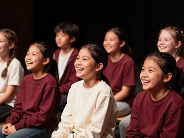 Warm editorial photography of local Indiana children laughing in a drama workshop, soft stage spotlighting, rich burgundy and cream tones, intimate candid framing, 35mm film grain