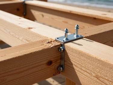 Close-up architectural shot of heavy-duty stainless steel fasteners securing thick cedar joists, sharp focus on hardware, bright coastal daylight, 35mm.