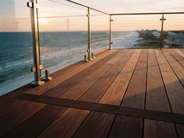 Low-angle architectural shot of a modern ipe wood deck overlooking the Pensacola coast, bright golden-hour sunlight, sharp focus on hidden fasteners and flawless flush transitions, 35mm