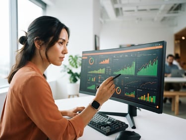 Close-up dynamic angle of a marketer analyzing a dashboard on a screen with rising green charts, sharp natural light, orange accents, minimalist office, 35mm