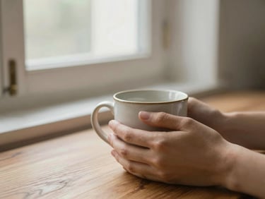 Warm editorial photography, soft natural window light, muted organic tones, candid and authentic, shallow depth of field. Candid close-up of hands holding a warm ceramic mug on a wooden table.