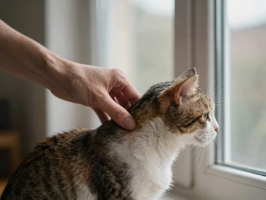 Warm editorial photography, soft natural window light, muted organic tones, candid and authentic, shallow depth of field. A close-up of a hand gently scratching a cat's neck near a sunlit window.