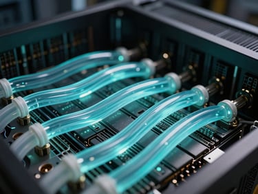 Macro low-angle shot of glowing cyan liquid cooling tubes weaving through a dense array of server processors, dark background, high contrast
