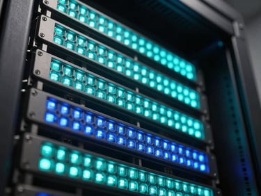 Macro close-up of high-density GPU server rack telemetry lights, sharp neon cyan and cold blue LED glows in a dark data center environment, low-angle framing.