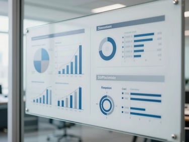 crisp corporate photography, clean data visualizations on a glass screen in a polished corporate environment, bright natural lighting, cool professional tones, 35mm