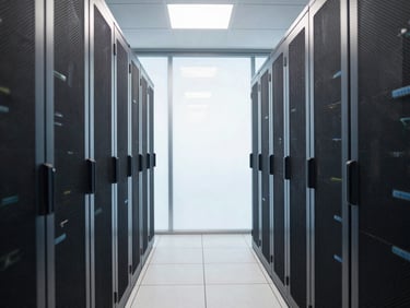 crisp corporate photography, wide structured composition of a modern data center corridor with bright natural lighting, cool professional tones, high resolution, 35mm