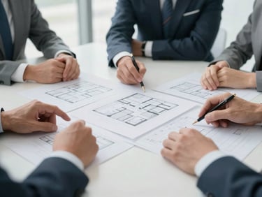 crisp corporate photography, strategic planning session with hands reviewing architectural diagrams on a conference table, bright natural lighting, cool professional tones, 35mm