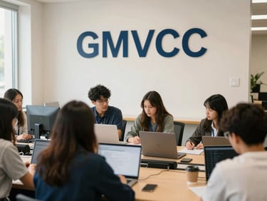 GMVCC admissions office with students inquiring, clear signage for enrollment, bright natural daylight, crisp institutional photography