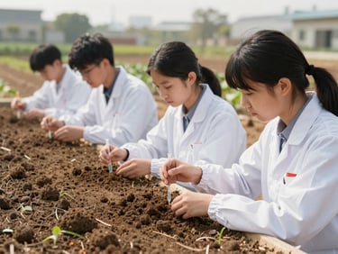 Students learning soil analysis techniques in an agricultural field, bright natural daylight, warm authentic color palette, professional documentary style