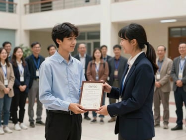 GMVCC student receiving an award at a regional math olympiad, faculty cheering in the background, bright natural daylight, crisp institutional photography