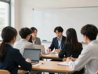 Students collaborating on a business project in a modern classroom, focused on a whiteboard, bright natural daylight, professional documentary style