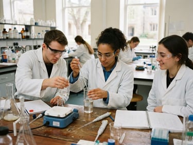 Students actively engaged in a hands-on learning activity in a well-lit campus laboratory, professional documentary style, 35mm