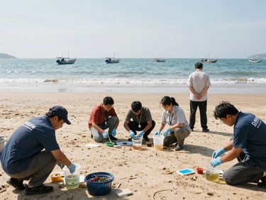 Researchers collecting water samples near a clean coastline, small fishing boats in the distance, bright natural daylight, professional documentary style.