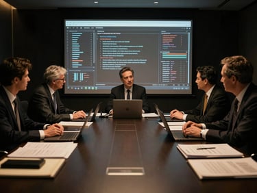 High-level executives in a modern, dark boardroom, collaborating with digital projections, dramatic low-key lighting, deep black and warm gold tones, cinematic, 35mm lens