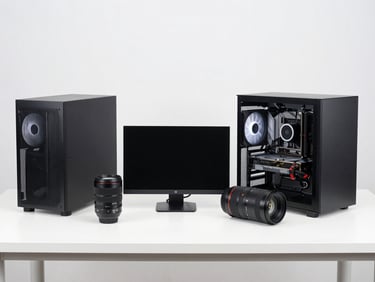 Bright high-key studio shot of premium computer components neatly arranged on a clean white desk, crisp neutral lighting