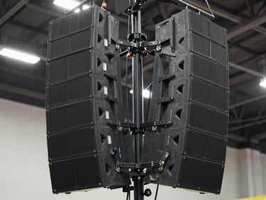Close-up to mid-shot of a professional line-array speaker cluster mounted on a truss above a Monterrey venue stage, shot from slightly below looking up — multiple speaker cabinets stacked symmetrically, rigging hardware visible and in focus, venue ceiling structure above, even studio-bright lighting revealing the precision of the installation, no people in frame