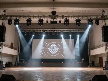 Wide environmental shot from the back of a large Monterrey event hall — multiple moving-head fixtures mounted on overhead truss casting sharp beams across an empty stage, gobos projecting geometric patterns on the back wall, the room fully rigged and tested before the audience enters, daylight supplemented by the rig's own output, clean and functional atmosphere