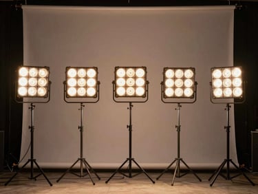 Row of LED wash bar fixtures mounted on a floor stand, casting an even warm wash across a stage cyclorama, event-lit, sharp detail on the fixtures themselves