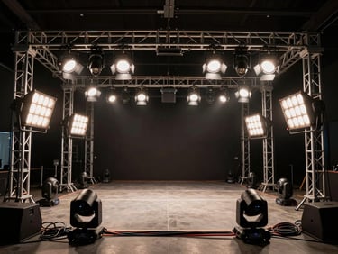 Environmental shot of a stage with moving head lights and wash fixtures fully rigged on truss, lights active and aimed at the stage floor, venue empty before event doors open, control cables organized, high-contrast dramatic lighting on equipment