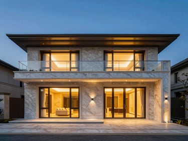 Bespoke luxury residential villa exterior with clean geometric lines, high-end marble cladding, warm golden lighting from within, dusk setting, sharp focus, 35mm lens.