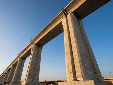 Wide-angle view of a major infrastructure bridge project under construction in Riyadh, massive concrete pillars, dramatic low-angle perspective, golden hour sky, sharp focus.
