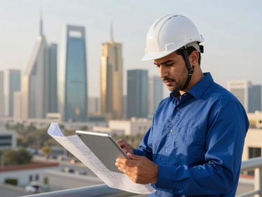 An experienced Saudi engineer in a white hardhat reviewing blueprints on a digital tablet on-site, modern Riyadh skyline blurred in the background, bright morning light, professional framing.