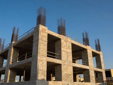 Low-angle heroic shot of a massive concrete foundation structure under construction in Riyadh, golden hour sunlight casting long shadows, steel reinforcement bars visible, sharp focus, 35mm lens.