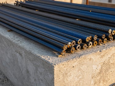 Close-up of premium textured concrete and steel reinforcement bars on a modern Riyadh construction site, sharp focus, golden hour light