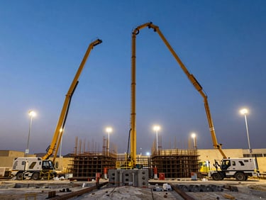A wide-angle night shot of a massive foundation pour with multiple concrete pumps and bright construction lights, Riyadh