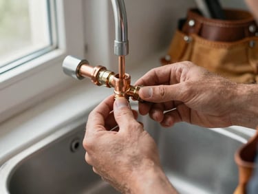 Close-up detail shot: a craftsperson's hands tightening a copper pipe fitting under a sink, natural window light from the left, worn leather tool belt visible at the edge of frame