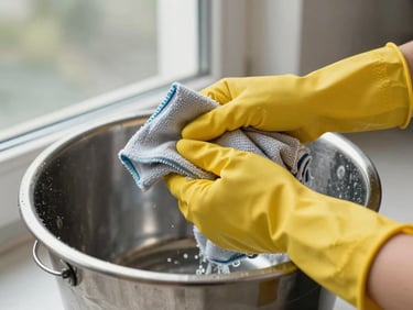 Tight detail shot: hands in yellow rubber gloves wringing out a microfibre cloth over a stainless steel bucket, overcast natural light through a window, clean tiled floor visible below