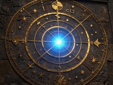 Close-up of a stone wall etched with complex astronomical charts and gold-leaf celestial geometry, illuminated by a sharp electric blue portal light.