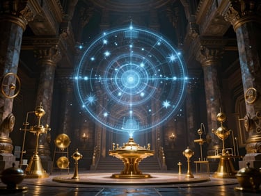 Wide cinematic shot of a royal laboratory inside an ancient stone temple, holographic star maps projected in the air, golden metallic instruments, low-key lighting.