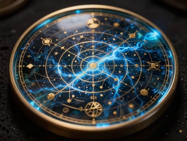 Extreme close-up of a circular polished obsidian mirror, gold celestial maps etched on its metallic rim, glowing electric blue light radiating from the center, dramatic dark lighting.