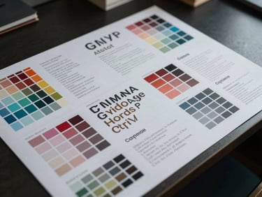 Overhead flat-lay of brand identity systems documentation spread on a dark desk — printed brand guidelines, color system swatches, typographic specimens arranged in precise geometric order, even cool studio lighting, no hands visible, no text legible, architectural and systematic composition