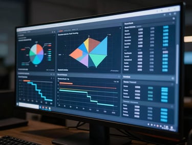 Close-up of a multi-panel data dashboard on a large monitor in a dark workspace—brand positioning matrices, sector maps, parallel project timelines visible on screen—cool blue interface glow, high contrast, no people, architectural environment