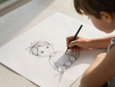 A child drawing on a large sheet of paper spread on the floor, soft warm morning light, natural and unposed.