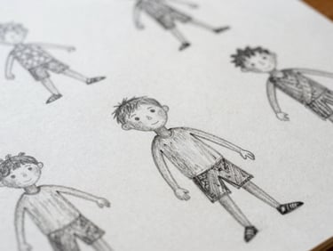 Raw and unedited children's graphite sketches on textured paper, showing imaginative figures and abstract lines, shallow depth of field.