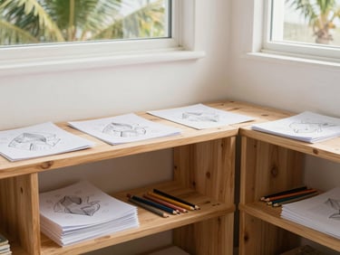A bright, sun-drenched corner of a room with low wooden shelves holding thick paper, charcoal, and pencils, clean and inviting.