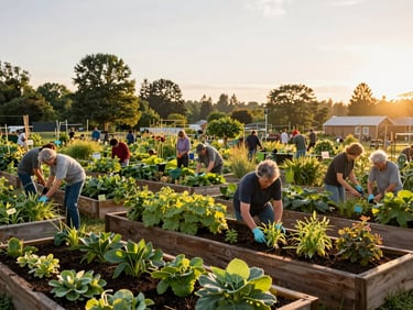 A vibrant community garden in Oregon, Ohio during late afternoon, local residents of various ages working together tending to raised beds, warm golden light.