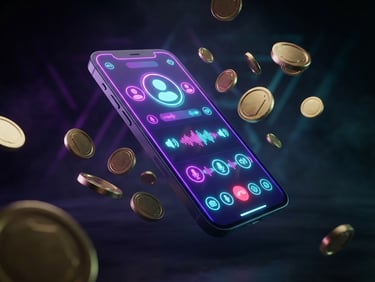 Angled 3D floating smartphone mockup showing a live voice room dashboard, neon purple and cyan interface glow, metallic gold coin assets floating around, dark studio background, cinematic depth of field.