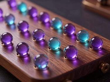 Close-up macro 3D render of a polished wooden Jackaroo board with glowing purple and cyan glass marbles, dramatic low-key lighting, depth of field