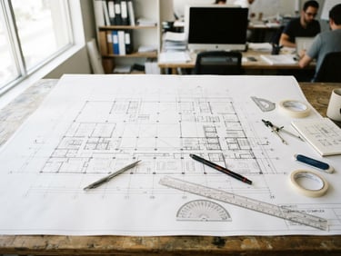 Technical architectural blueprint of a commercial building layout on a desk, sharp lines, bright natural daylight, engineering tools nearby, 35mm