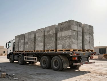 Low-angle wide shot of a heavy flatbed truck loaded with neat pallets of concrete blocks, parked on an Abu Dhabi construction site under direct, high-contrast morning sunlight casting sharp shadows.