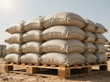 Low-angle shot of stacked heavy-duty sandbags on a wooden pallet, double-stitched seams visible under intense desert sun.