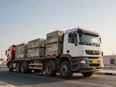 Low-angle wide shot of heavy flatbed trucks loaded with pallets of concrete blocks in the early morning Abu Dhabi sun, casting deep shadows.