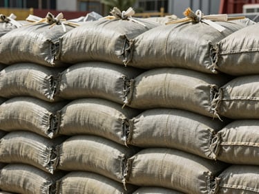 Close-up of double-stitched, UV-stabilized heavy-duty sandbags stacked on a construction site under direct sunlight