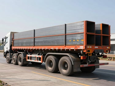 A heavy flatbed truck carrying structural steel on a clean concrete highway under bright morning sun, sharp industrial photography, 35mm