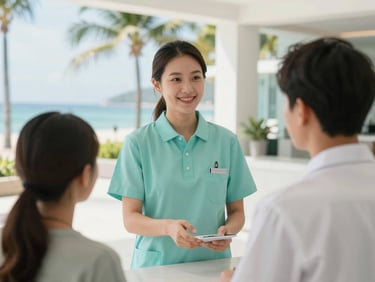 A warm, professional bilingual medical coordinator in a light teal polo, welcoming a patient at a modern tropical resort lobby, bright coastal daylight, soft focus