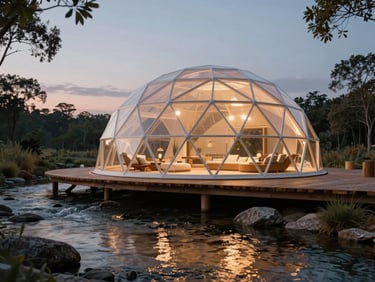 Architectural render of a luxury geodesic dome hovering on a timber platform above a pristine creek, warm interior light casting reflections on water, twilight.